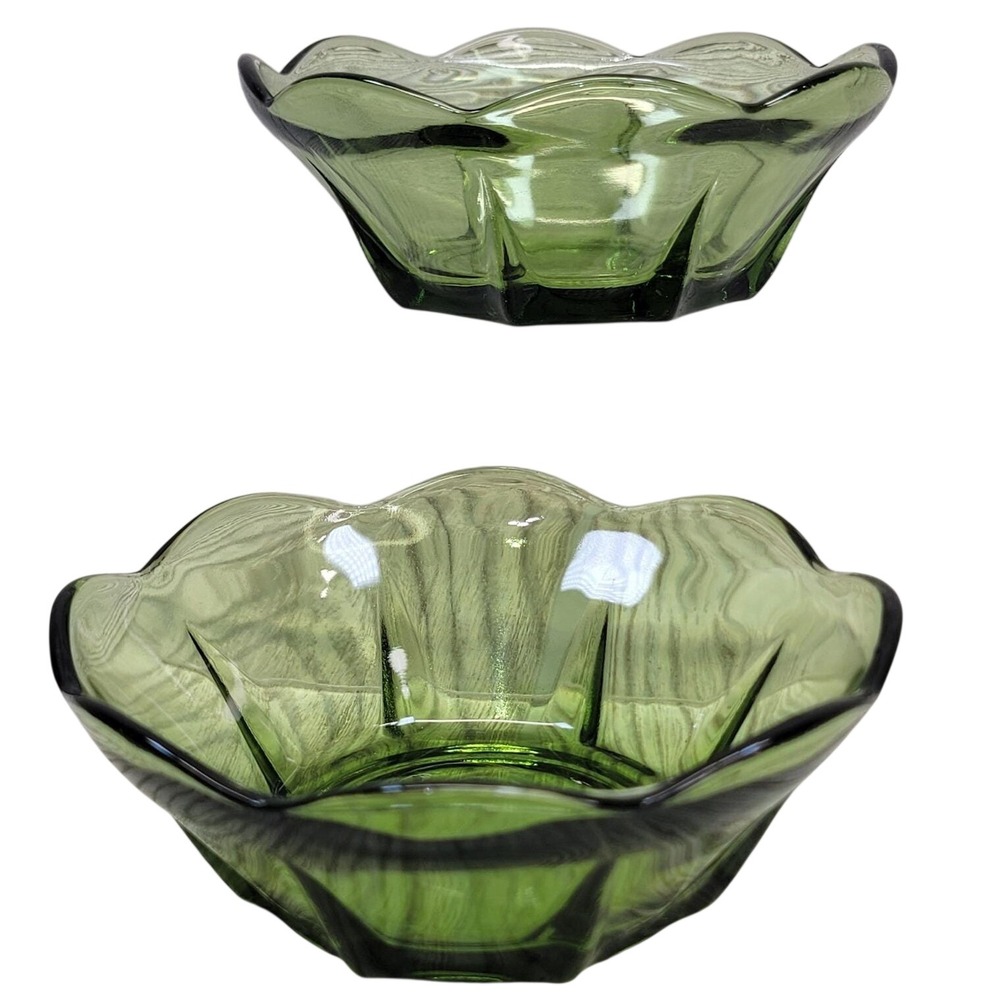 2 Anchor Hocking Glass Bowls Avocado Green Scalloped Edge Dessert Swedish MCM